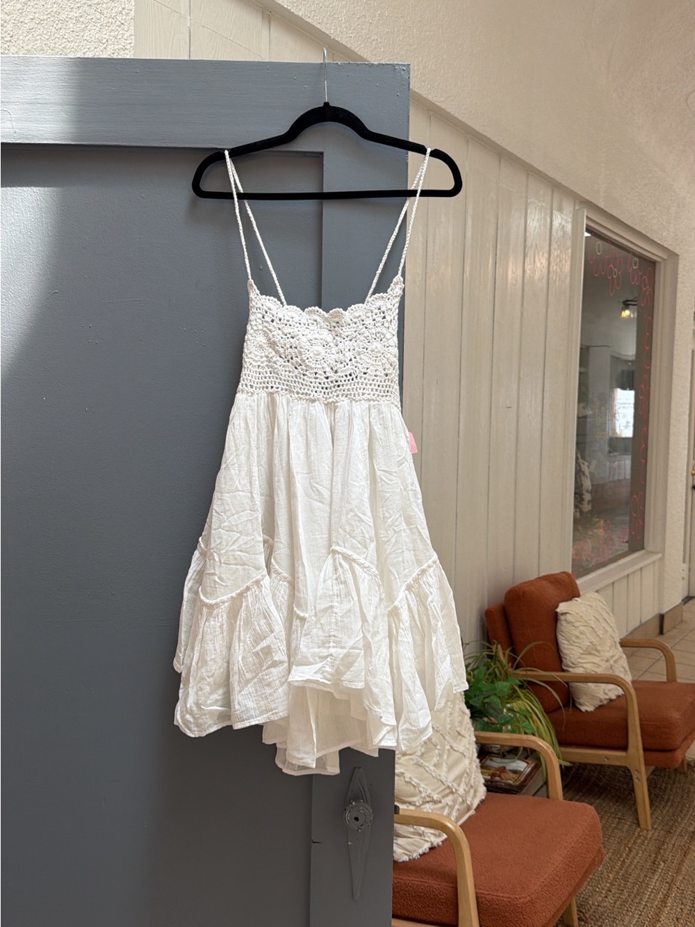 Free People White Crochet Bodice Tiered Mini Dress sz small